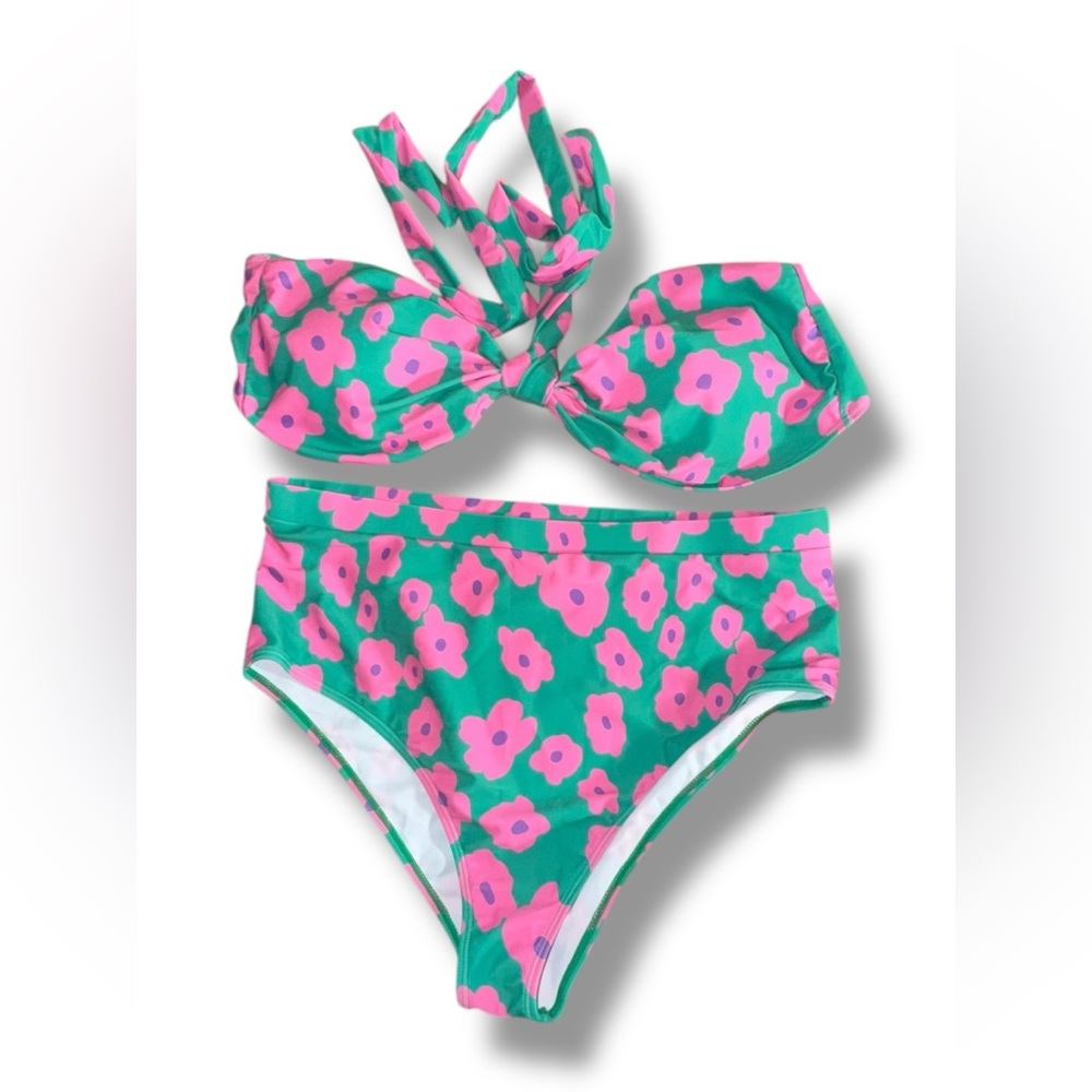 Pink Lily 3XL Floral High Waist Bikini Set Green Pink Bandeau Halter